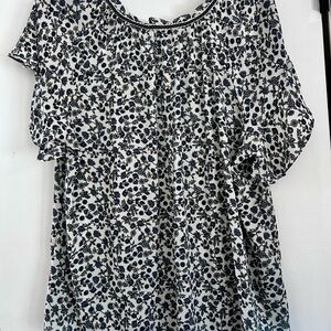 Max Studio White Top with Navy Floral Print